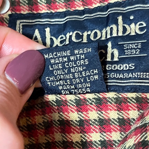 Y2K Abercrombie & Fitch men XL Red Tan checkered Shirt Long Sleeve Pocket Cotton - Picture 11 of 16